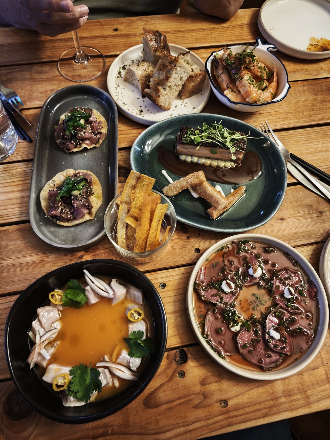 Dinner spread of tuna, carpaccio, and octopus dishes