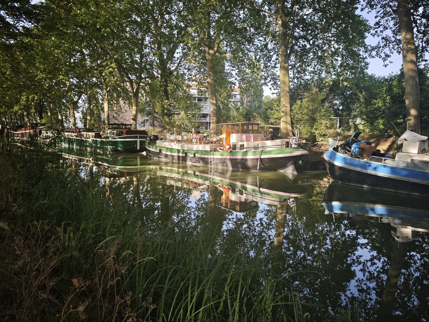 Canal barges moored under plane trees on the Canal du Midi, their reflections in the still water