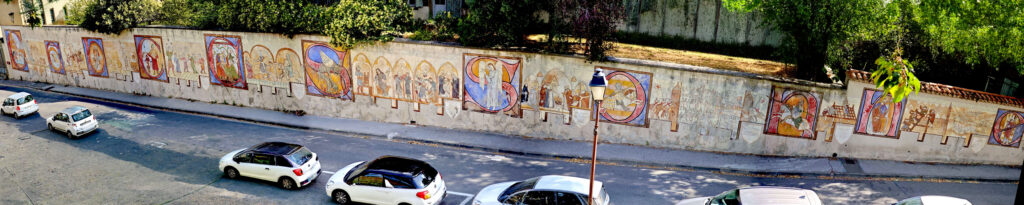 Panoramic mural painted on a wall in Carcassonne depicting the medieval Cité
